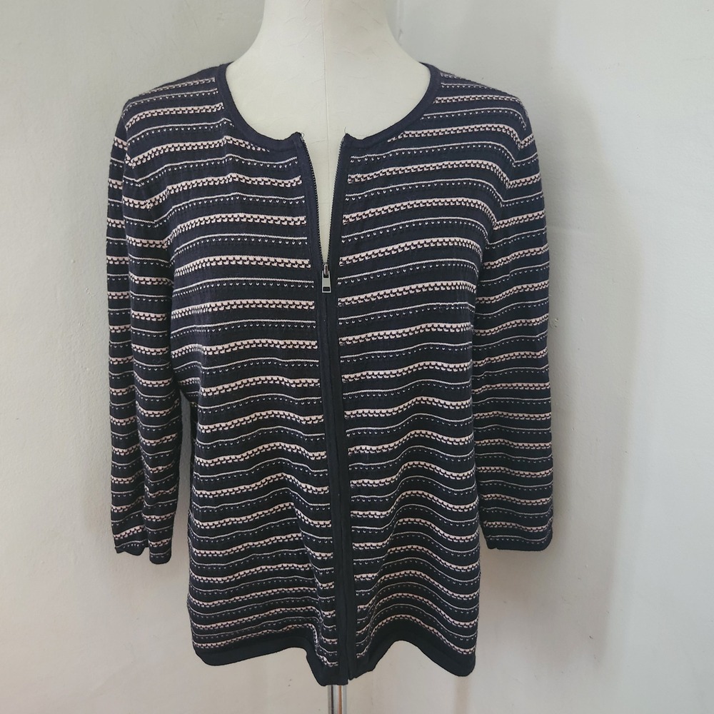 Ann Taylor Factory Black Beige Striped Zip Front Cardigan Sweater XL Cotton